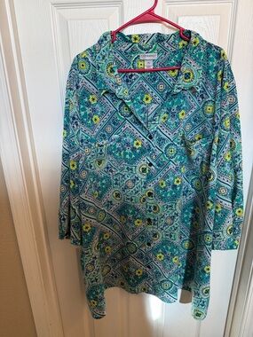 Catherines Turquoise Blue Floral Print Button-Down Shirt